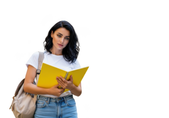 Young woman student holding an open yellow book isolated on transparent background