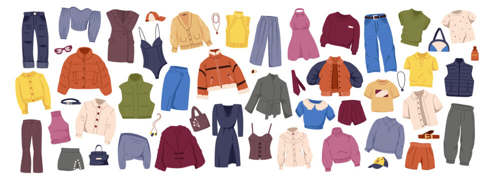 Diverse set of casual and trendy clothes for men and women in flat graphic style on white background. Concept of fashion, outfit, and wardrobe. Vector illustration