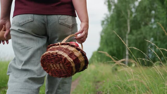 woman holding basket of apples walking along grassy birch meadow trail, child holding hand, casual patterned trousers, wicker basket filled with ripe red apples, serene overcast summer afternoon,