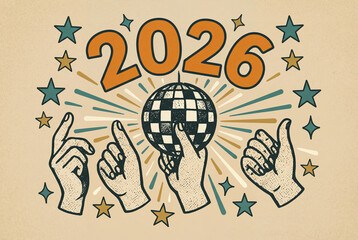 Happy New Year 2026 groovy retro sticker collage. Vintage vector illustration with hands, disco ball, and stars. 70s style party celebration greeting card design concept.