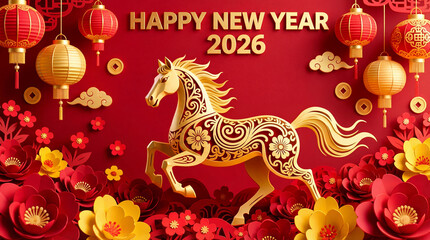Paper-cut style golden horse with floral patterns on a red background, surrounded by paper flowers and hanging lanterns. Happy New Year 2026 greeting banner.