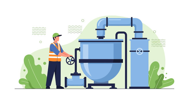 Industrial worker operating machinery in a factory setting for water filtration or chemical