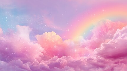 Fototapeta premium Dreamy pastel clouds with a vibrant rainbow and sparkling stars in a serene sky