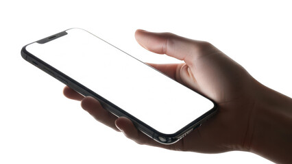 Hand holding smartphone with blank white screen