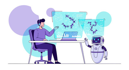 Interactive scientific meeting showing robot and researcher analyzing molecular data using virtual