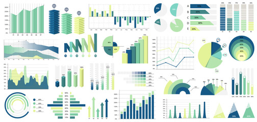 Collection of infographic chart elements including bar, line, pie, and area charts in a flat graphic style on a white background. Concept of data analysis. Vector illustration