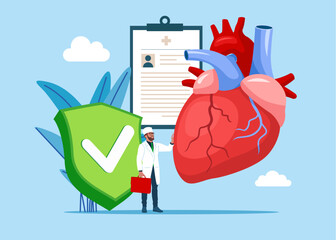 Good human heart with green shield check mark. Cardiovascular system, cardiology, medical examination topics. Heart disease research. System in normal. Problem. Vector flat illustration