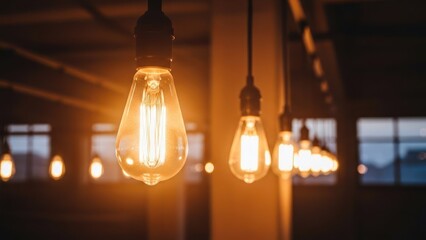 Warm lightbulbs hang in a row indoors, filaments glowing
