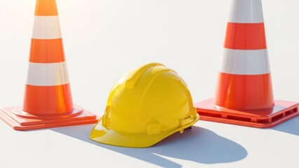 Yellow hardhat between two orange traffic cones on white surface in sunlight