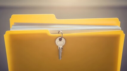 Yellow file folder secured by a key, top papers sticking out, simple background