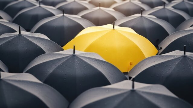 Yellow umbrella stands out amongst rows of grey umbrellas in a sea of difference