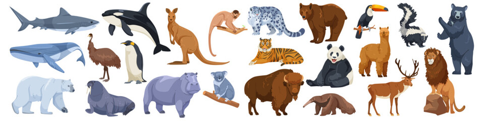 Obraz premium Collection of diverse wild and sea animals in cartoon style on white background. Concept of wildlife, biodiversity, zoology. Vector illustration