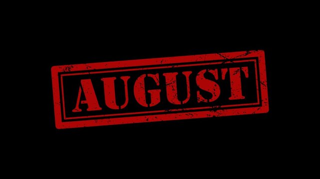 Grunge August Stamp Animation with Red Rubber Ink Style on Transparent Background Alpha Channel Vintage Calendar Month Label for Motion Graphics Video Overlays
