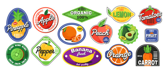 Colorful set of fruit and vegetable sticker labels with text like organic, fresh, and best quality in cartoon style on white background. Vector illustration