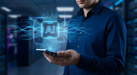 Futuristic AI Technology Concept with Man Using Smartphone in Digital Server Environment