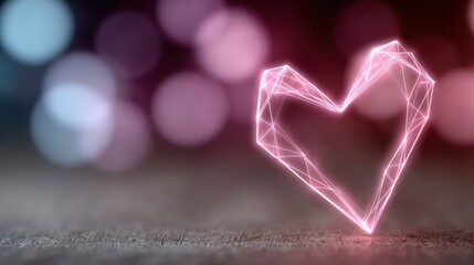 Valentine's Day neon design, geometric heart made of glowing neon lines in dark magenta and electric pink, cyberpunk aesthetic, dark background with bokeh lights