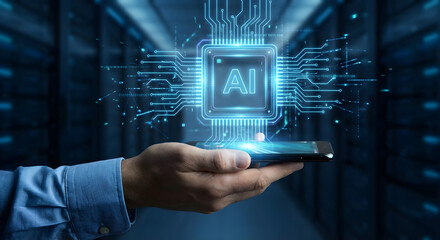 Futuristic AI Technology Concept with Smartphone in Data Center Environment