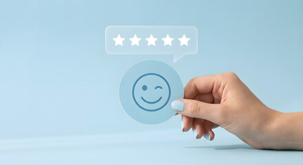 Fototapeta premium Smiley face with five-star rating indicator on a light blue background