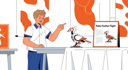 Robotic bird exhibit showcasing advanced technology and innovation, a boy points with enthusiasm