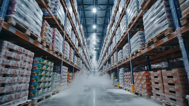 Warehouse Aisle with Stored Goods and Fog