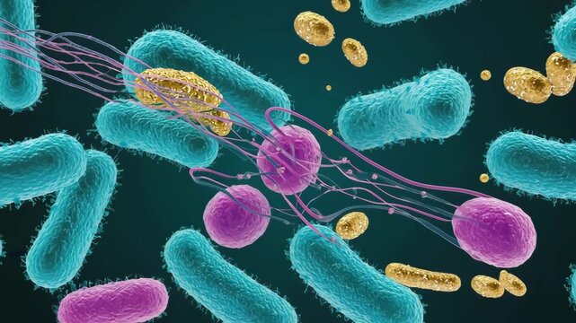 Dynamic microscopic motion of diverse bacteria and viruses in cinematic footage showing genetic exchange and microbial life cycle for biology and healthcare concepts