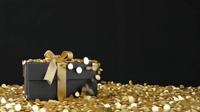 Shiny gold confetti falling on black luxurious gift box with elegant golden ribbon dynamic motion festive celebration backdrop sparkle glitter light particles animation