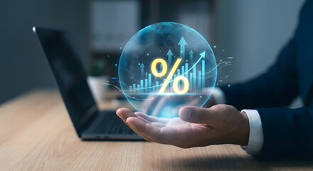 Businessperson Holding Digital Globe with Financial Growth Symbols and Percentage Icons for Market Analysis