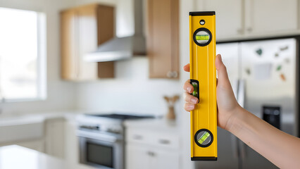 Hand holding yellow spirit level in bright kitchen interior  