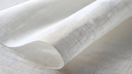 Rolled edge of white linen fabric on a textured surface, highlighting the open weave and natural textile quality.