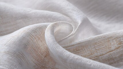 Twisted white linen fabric forming a rose-like spiral shape, showing intricate woven texture and soft shadows.
