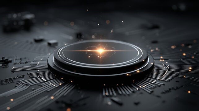 Circular microchip emitting radiant light with surrounding circuit traces and illuminated nodes, visualizing computing power, digital infrastructure, and active data flow in a sleek tech layout.