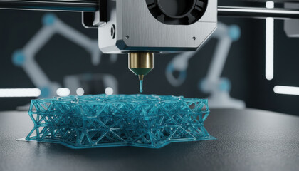 Blue lattice form growing under 3d printer nozzle futuristic lab symbol of additive manufacturing innovation sustainable production and industry four zero trend