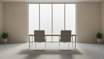 Fototapeta premium Symmetrical office meeting room with long wooden table and two modern chairs facing large window during bright daytime in professional setting