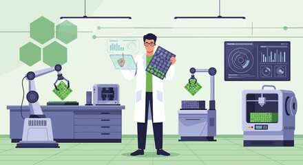 Scientist orchestrating advanced technology in laboratory with robotics and 3D printing applications