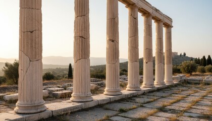 Naklejka premium Ancient Greek style columns in warm sunset light overlooking countryside in Greece symbolizing heritage travel and classical culture