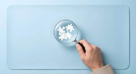Hand Holding Magnifying Glass Over Puzzle Pieces on Light Blue Surface