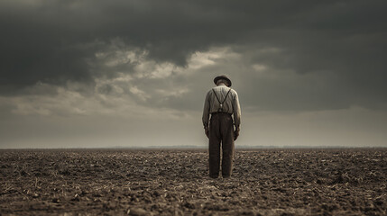  A despairing farmer in his barren field due to lack of agricultural aid 