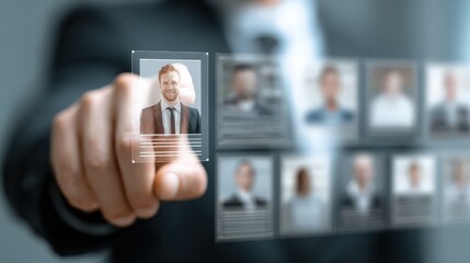 Hr professional reviews resume of job applicant to select suitable employee, efficient recruitment process for organization