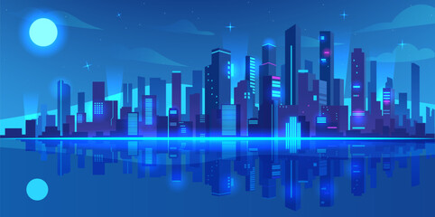 Futuristic city skyline with illuminated high-rise buildings at night, glowing light reflections on water, dark blue background. Concept of modern urban future. Vector illustration