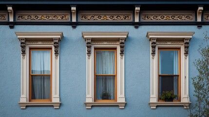 Obraz premium Heritage street view focusing on symmetrical window placements and decorative moldings combining historical charm with balanced composition.