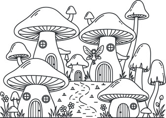 Whimsical mushroom village with fantastical architecture and lush vegetation © HasnaAkther