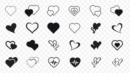 Collection of diverse heart shapes and icons in black and white on transparent background hearts symbol