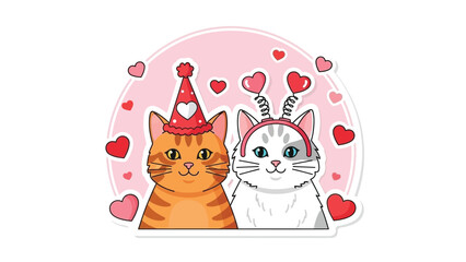Adorable cats celebrating love with heart decorations and party hat
