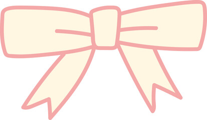 Hand-drawn white ribbon bow with pink outline. Element for festive decoration, greeting card, invitation.