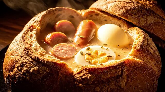 Traditional Polish Zurek Soup Served in a Rustic Bread Bowl with Sausage and Hard-Boiled Eggs, Close-Up.