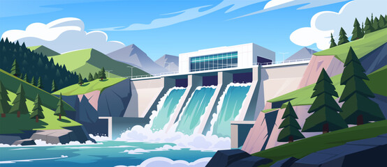 Large hydroelectric dam with water flowing down, surrounded by pine trees and mountains, under a sunny sky. Vector illustration
