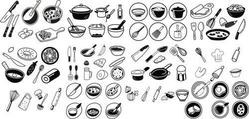 Cooking web icons in line style. Frying pan, fork, knife, recipe book, microwave, collection. Vector illustration.