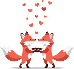 Two adorable foxes embracing with hearts floating above