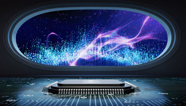 Futuristisches KI-Interface &uuml;ber Mikrochip und Datenkosmos