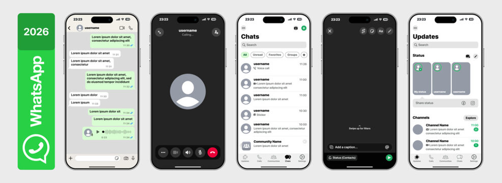 WhatsApp 2026 Mobile Mockup Messaging UI with Smartphone Screens Chat Conversation Voice Call Chats List Updates Status Channels Interface Design with WhatsApp Logo